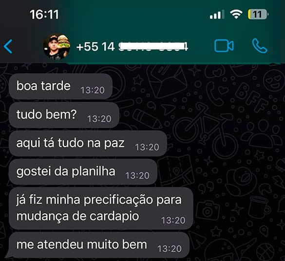Conversa de WhatsApp: gostei da planilha, já fiz minha precificação para mudança de cardápio, me atendeu muito bem.