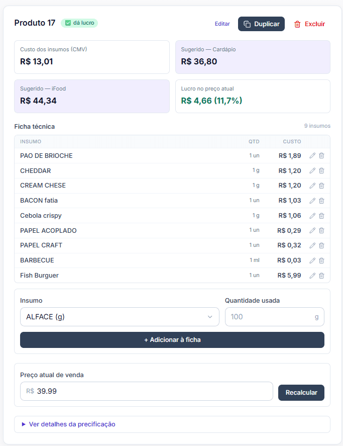 Ficha técnica de um produto no Audens Finance: custo dos insumos, preço sugerido para o cardápio, preço sugerido para o iFood, lucro no preço atual e a lista de insumos com quantidade e custo de cada um.