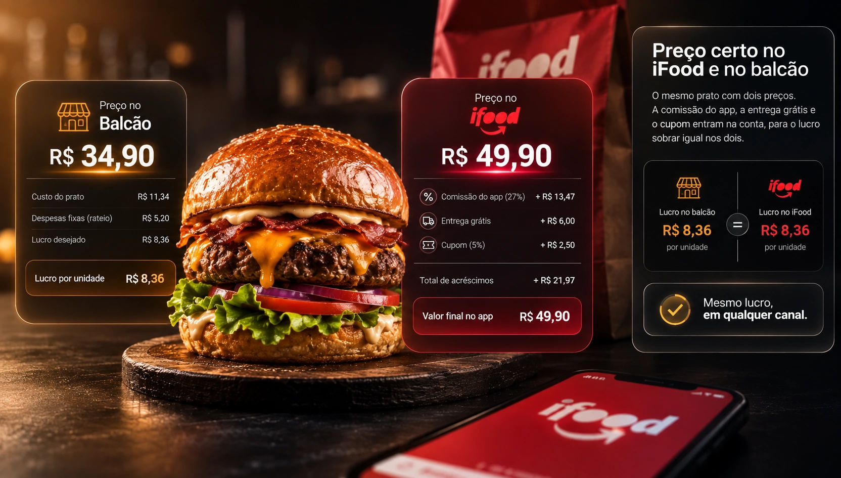 O mesmo lanche com dois preços lado a lado: o do balcão e o do aplicativo, este último mostrando a comissão, a entrega grátis e o cupom somados por cima, e o lucro por unidade igual nos dois canais.